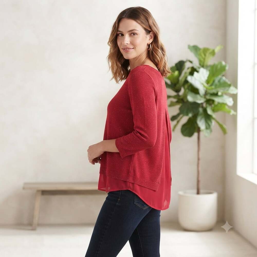 Verve Ami Women's Red Glitter Knit Split-Back Layered Tunic Sweater